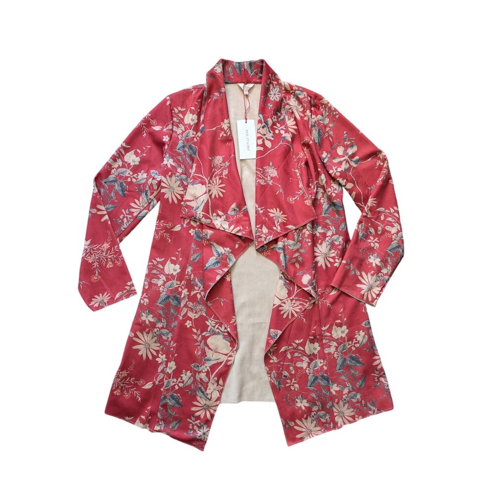 NWT Anthropologie Solitaire Open Front Cardigan Jacket M Red Floral Faux Suede
